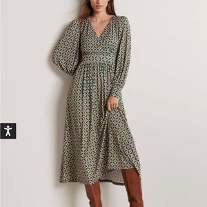 Boden Fixed Wrap Jersey Midi dress, size 14, shady glade/square geo